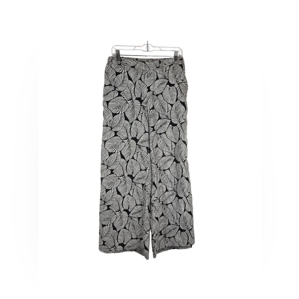 Elevenses Pull On Pants Womens Small Wide Leg Black Gray Leaf Print Boho Beach